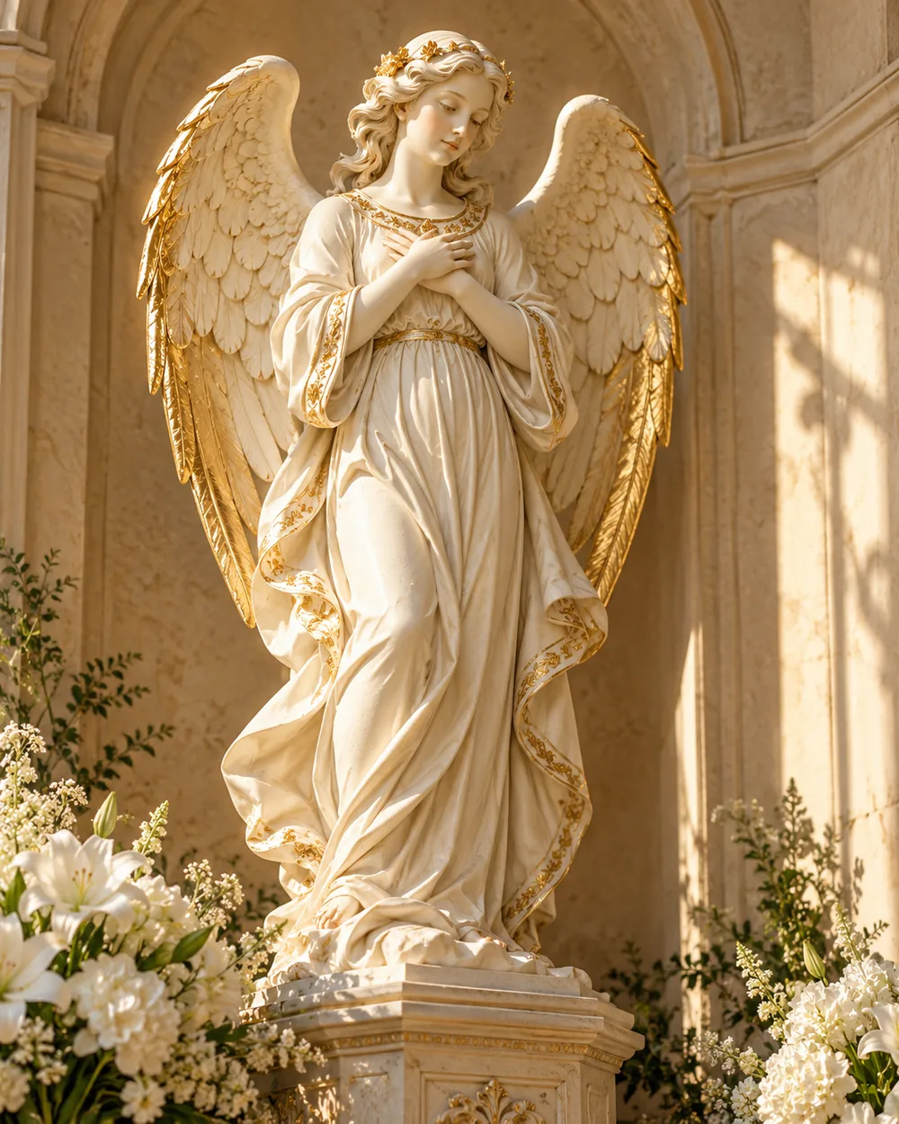 Escultura angelical em marfim e ouro iluminada pelo sol