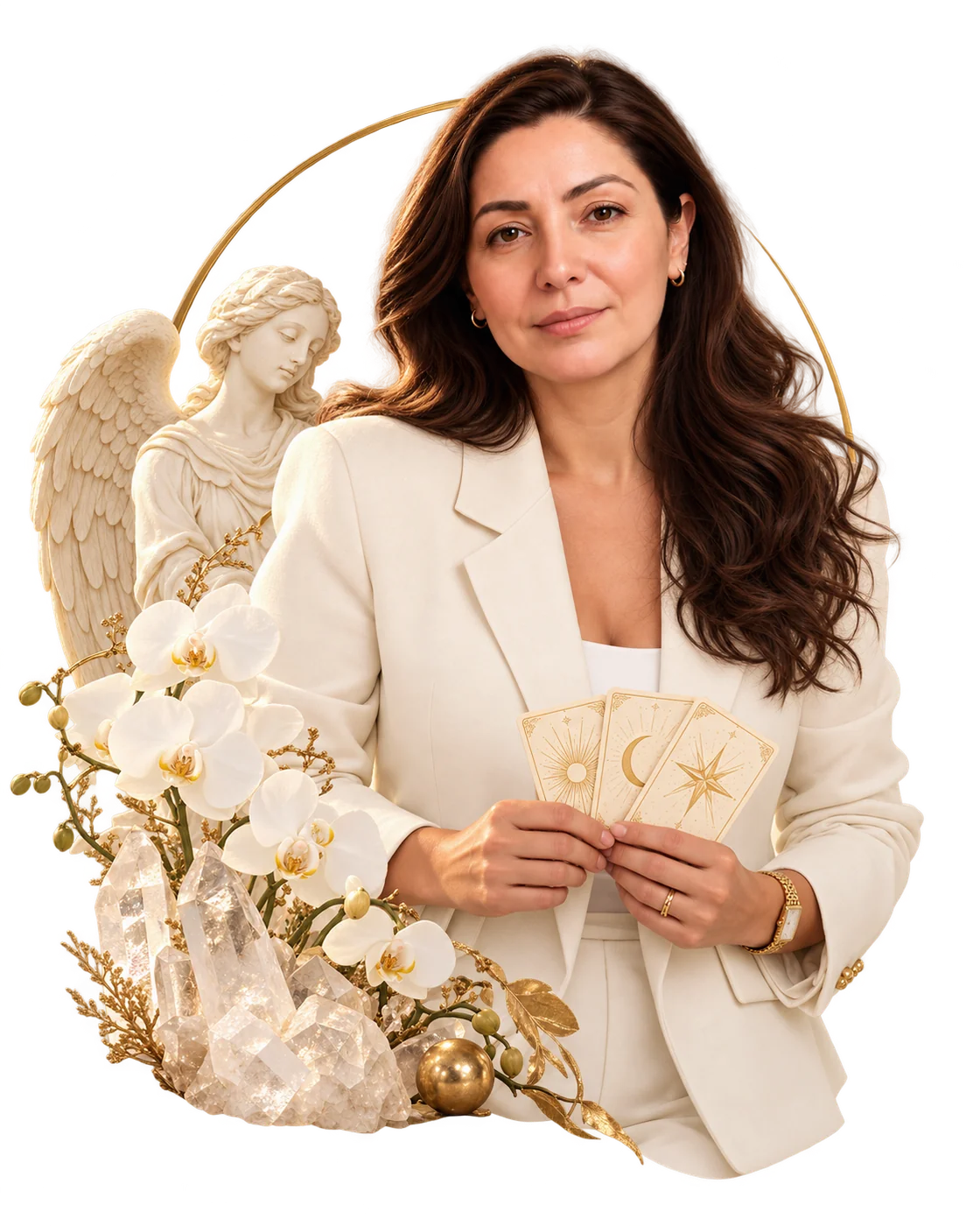 Composição editorial de Elodie com cristais, flores e elementos angelicais