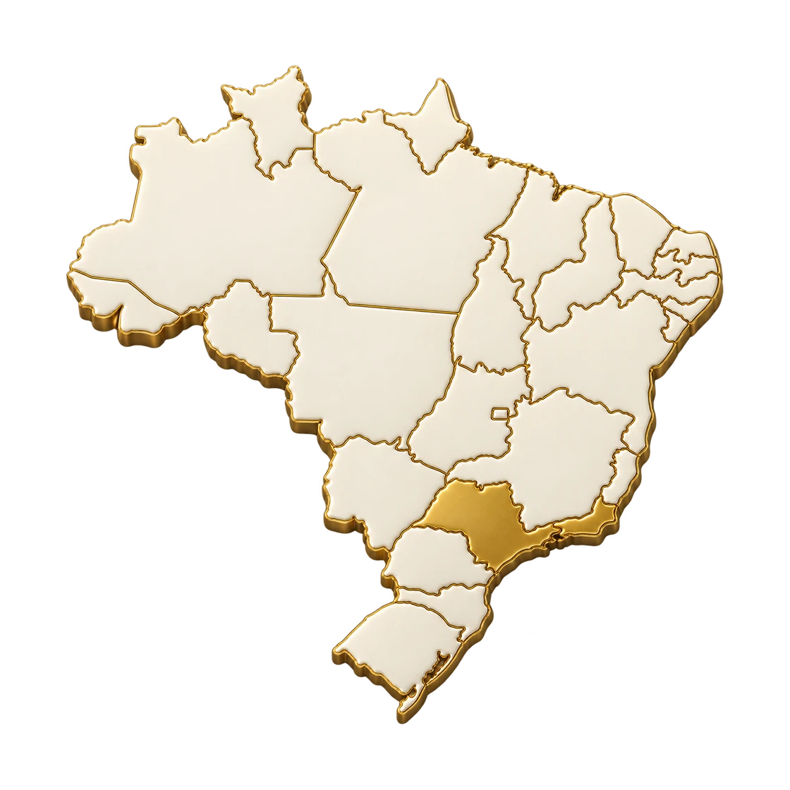 Mapa do Brasil em relevo marfim e ouro, com São Paulo e Rio de Janeiro destacados em dourado